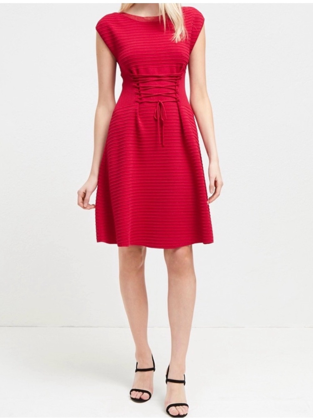 French Connection Red Ribbed Lace-Up Waist Mini Dress